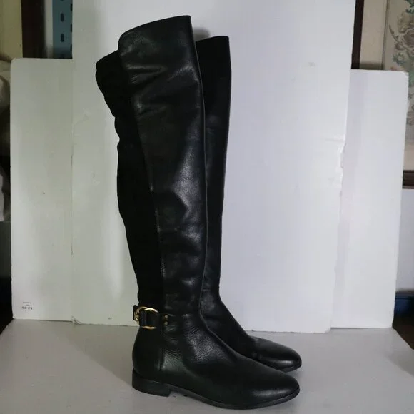 Tory Burch Marsden Over the Knee Boots Womens 7.5 Black Suede Leather Two Tone - Picture 2 of 11